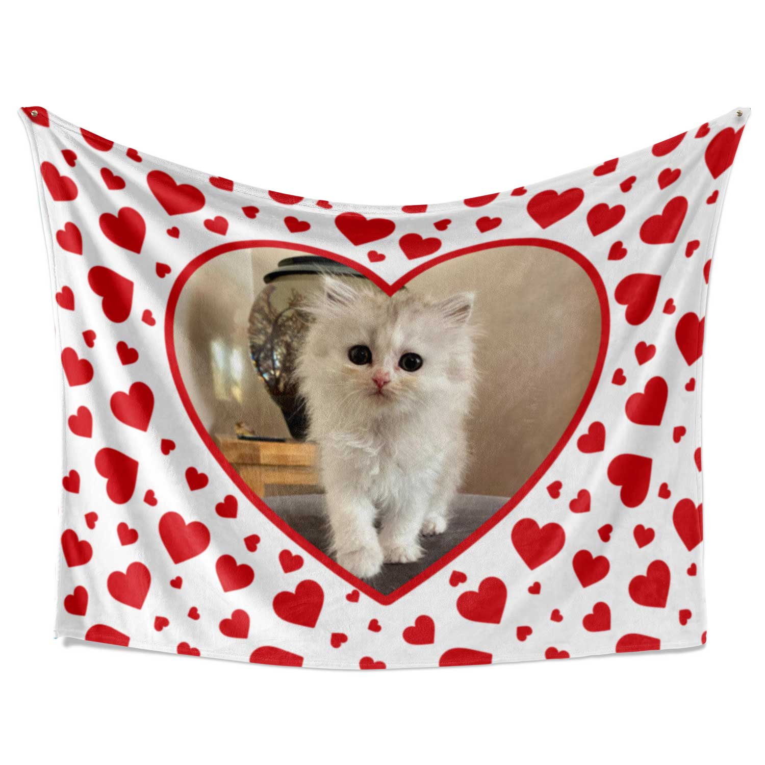 Red Hearts Photo Frame Personalised Cat Blanket