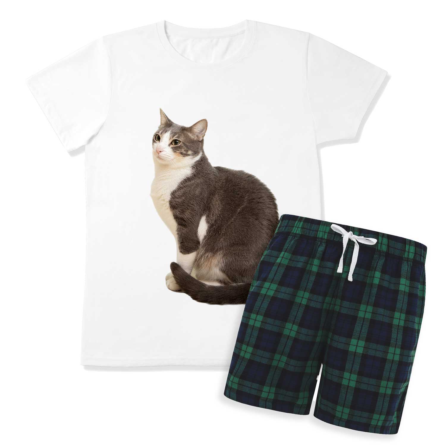 Men's Cat Face Pyjamas - Green Tartan Shorts Set
