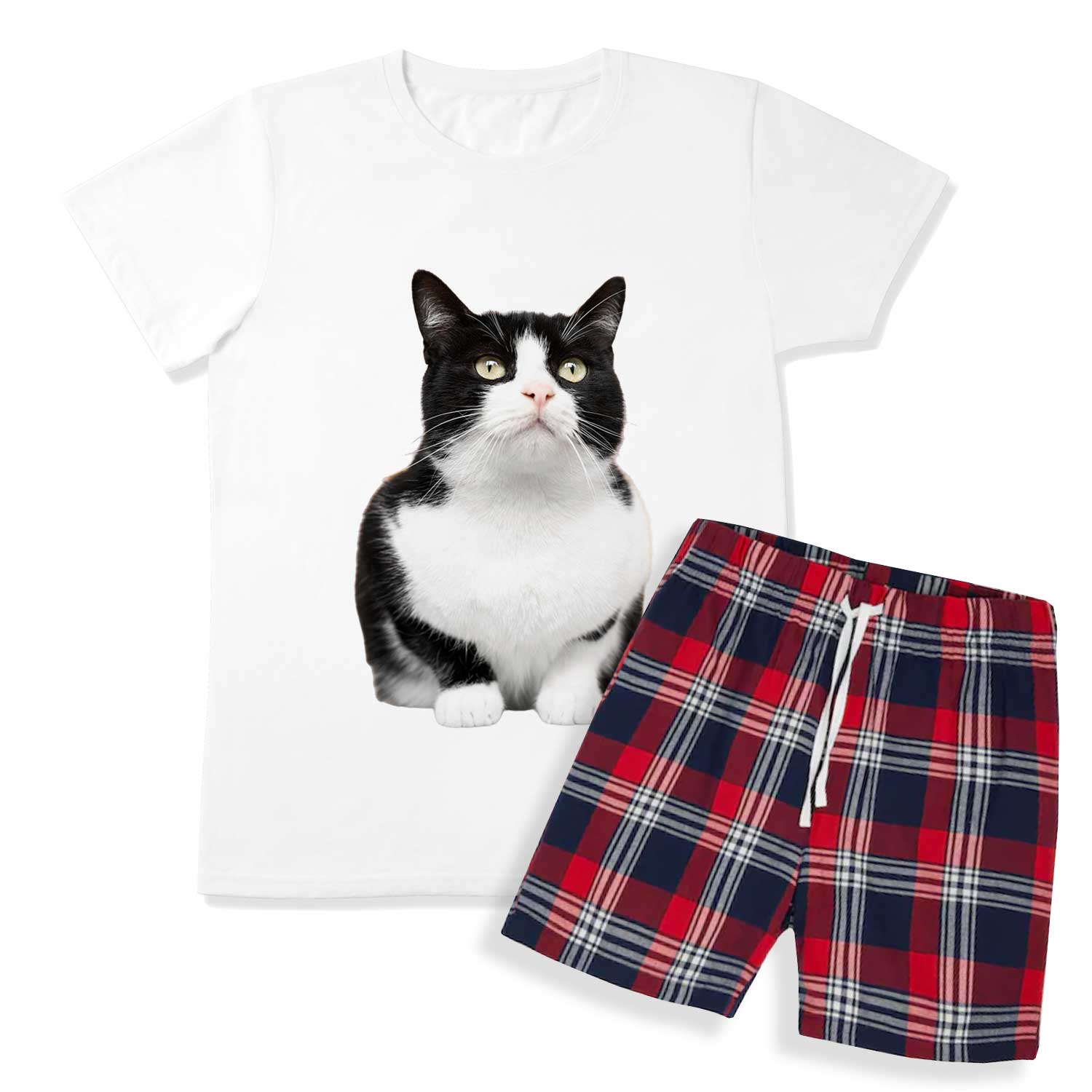 Men's Cat Face Pyjamas - Red Tartan Shorts Set