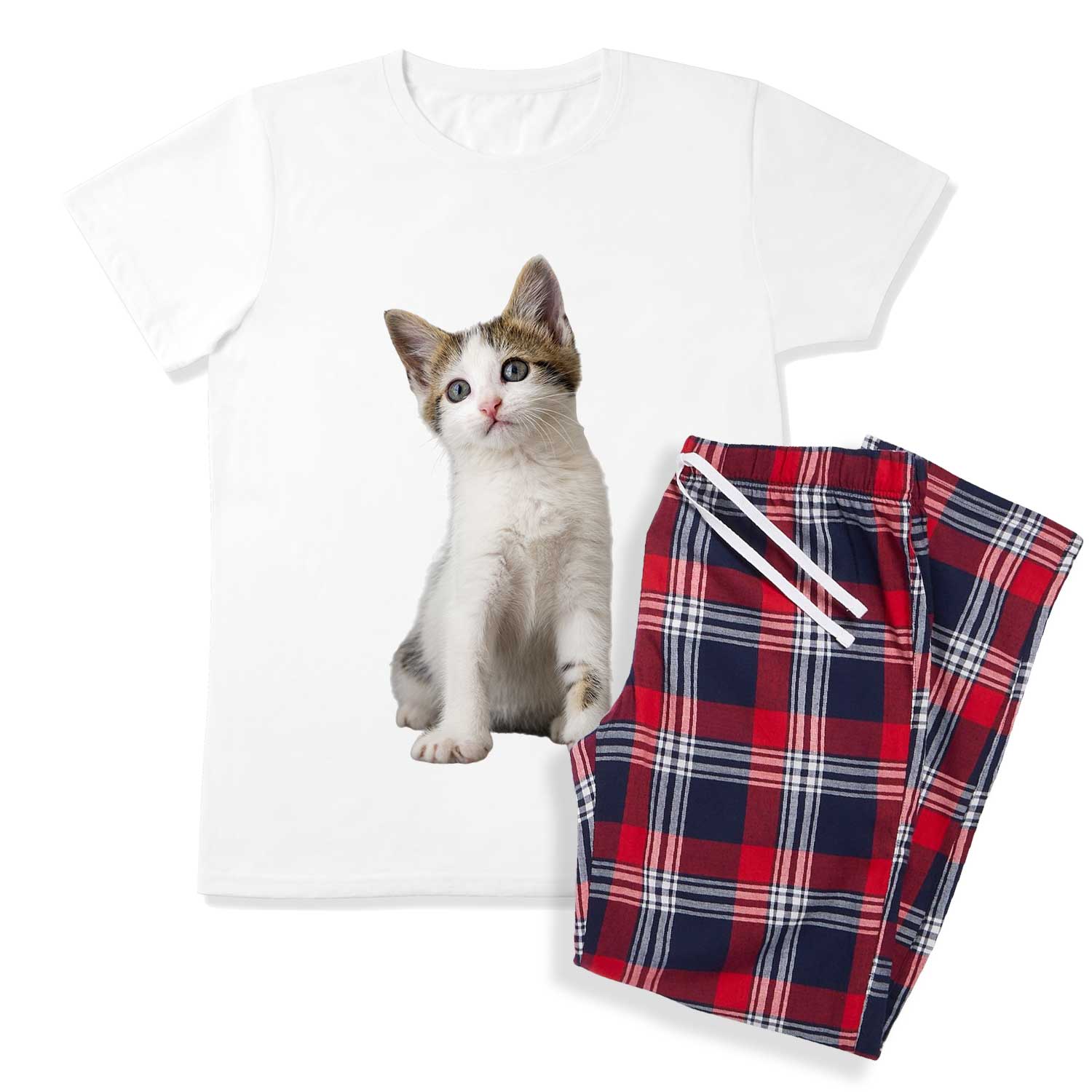 Men's Cat Face Pyjamas - Red Tartan Trouser Set