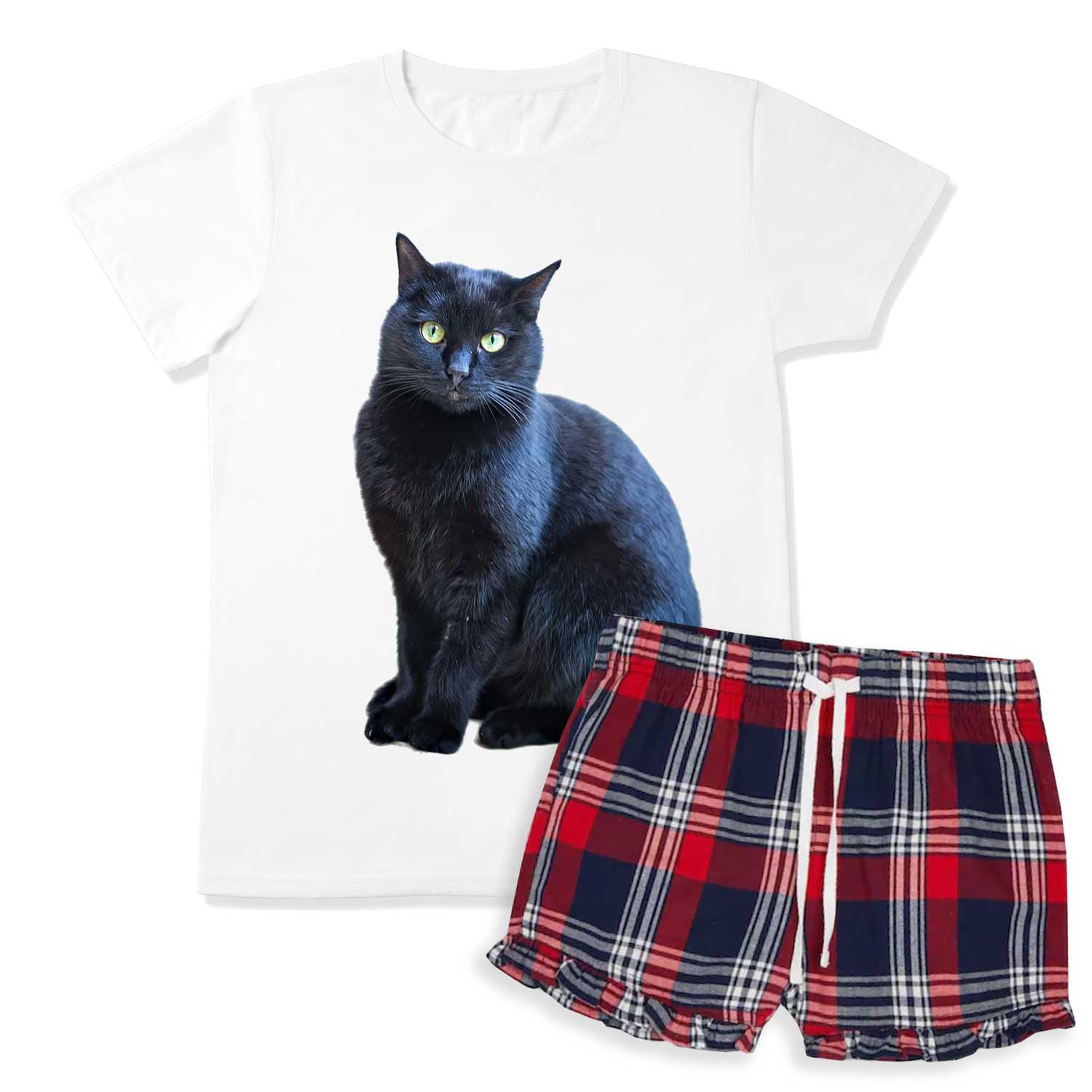 Women's Cat Face Pyjamas - Red Tartan Shorts Set