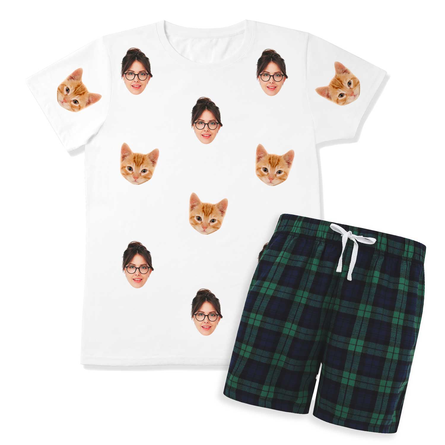 Men's Cat Pyjamas - Green Tartan Shorts Set