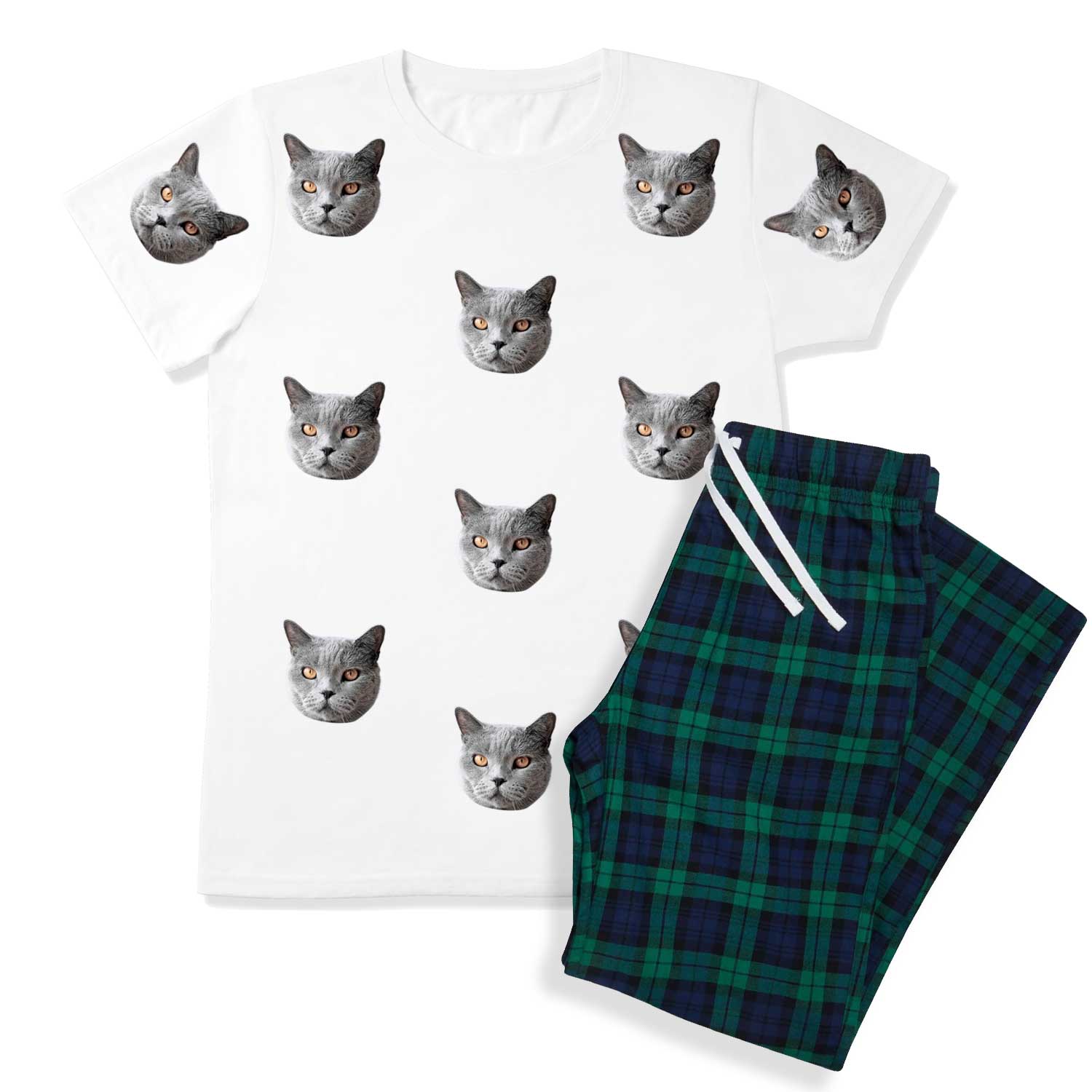 Men's Cat Pyjamas - Green Tartan Trouser Set