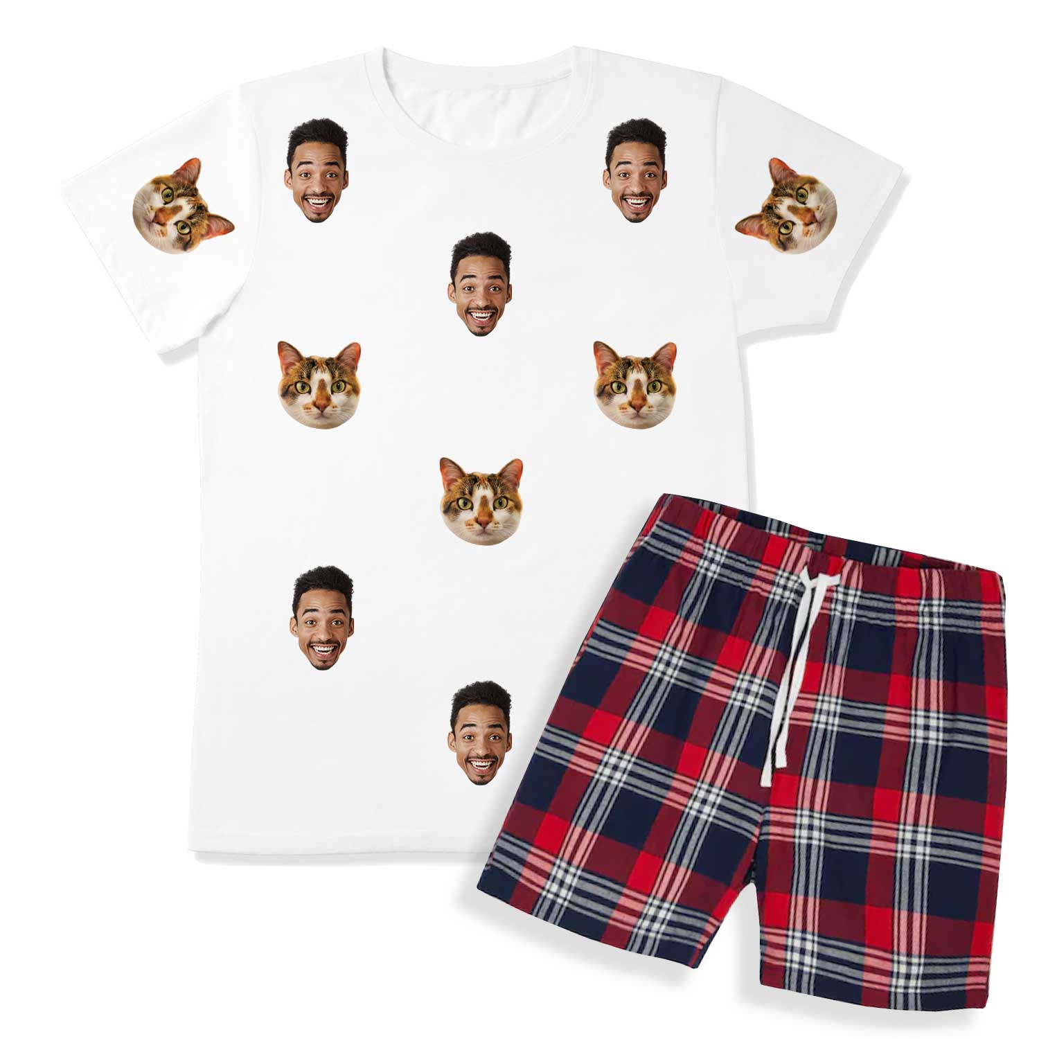 Men's Cat Pyjamas - Red Tartan Shorts Set