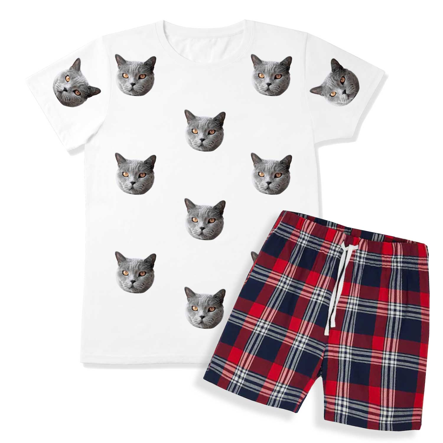Men's Cat Pyjamas - Red Tartan Shorts Set