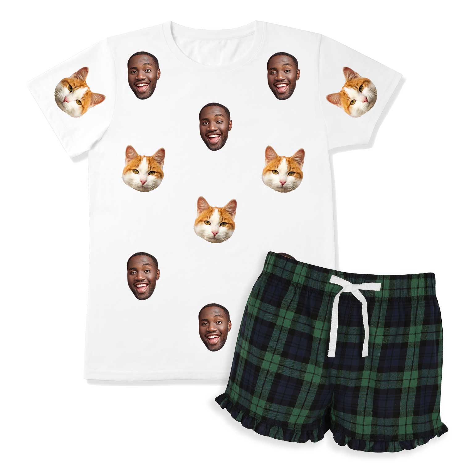Women's Cat Pyjamas - Green Tartan Shorts Set