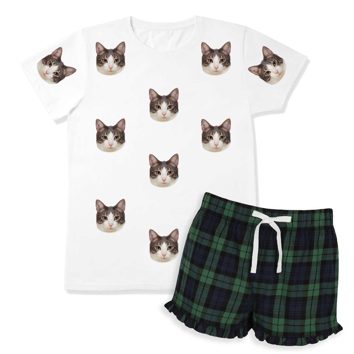 Women's Cat Pyjamas - Green Tartan Shorts Set