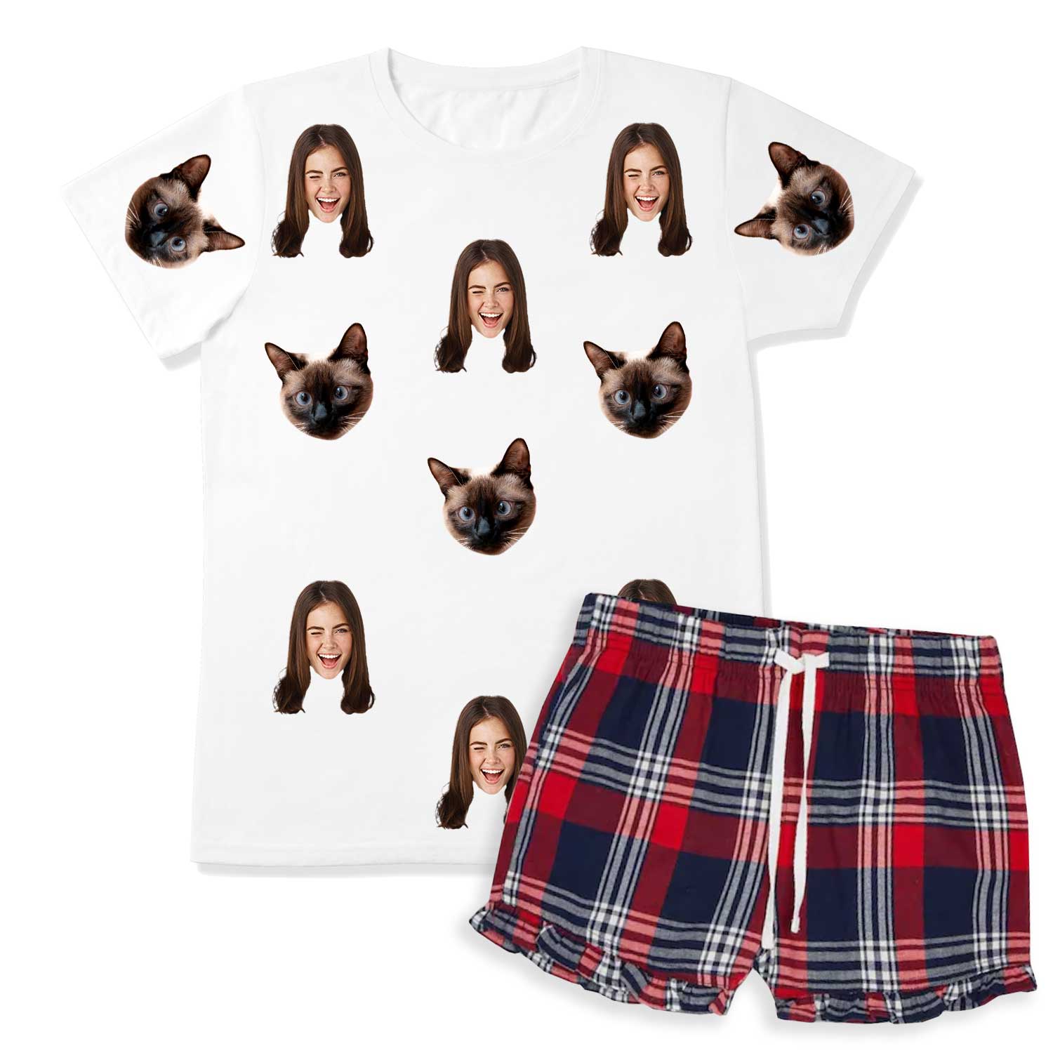 Women's Cat Pyjamas - Red Tartan Shorts Set