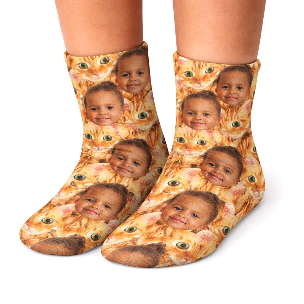 Cat Face Mash Personalised Kids Socks
