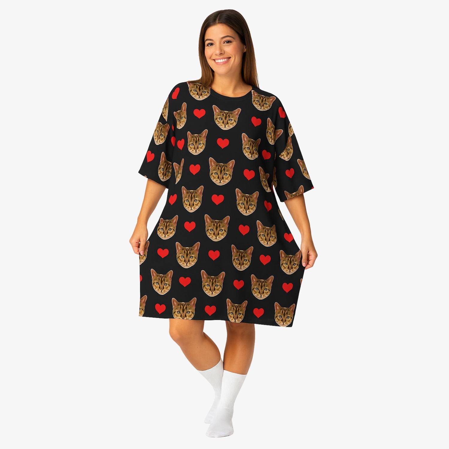Red Hearts Cat Faces Custom Sleep Tee