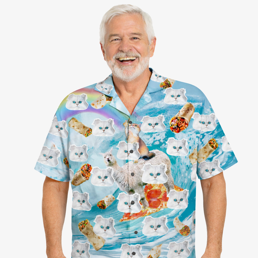 Cat Surfing Llama Custom Face Hawaiian Shirt