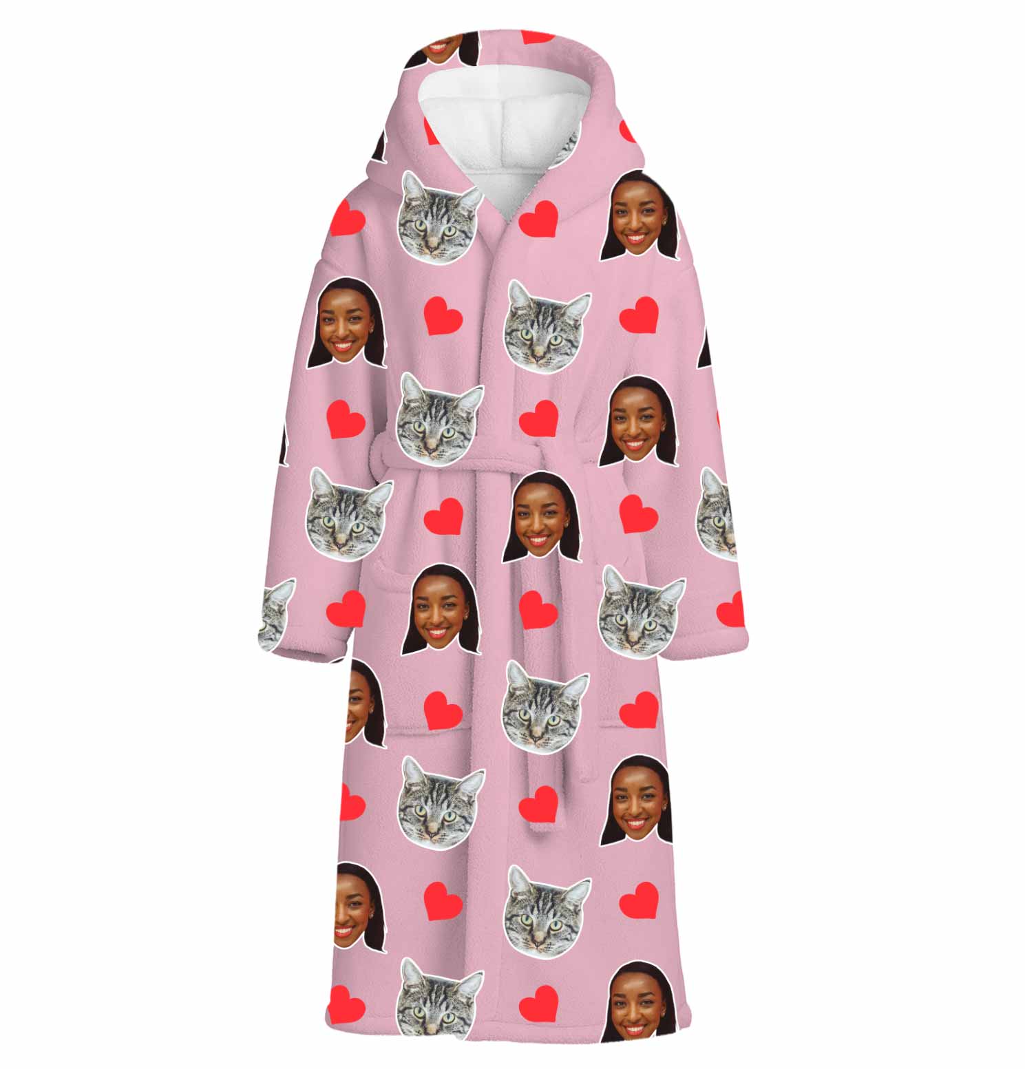 Red Hearts Cat Faces Personalised Dressing Gown