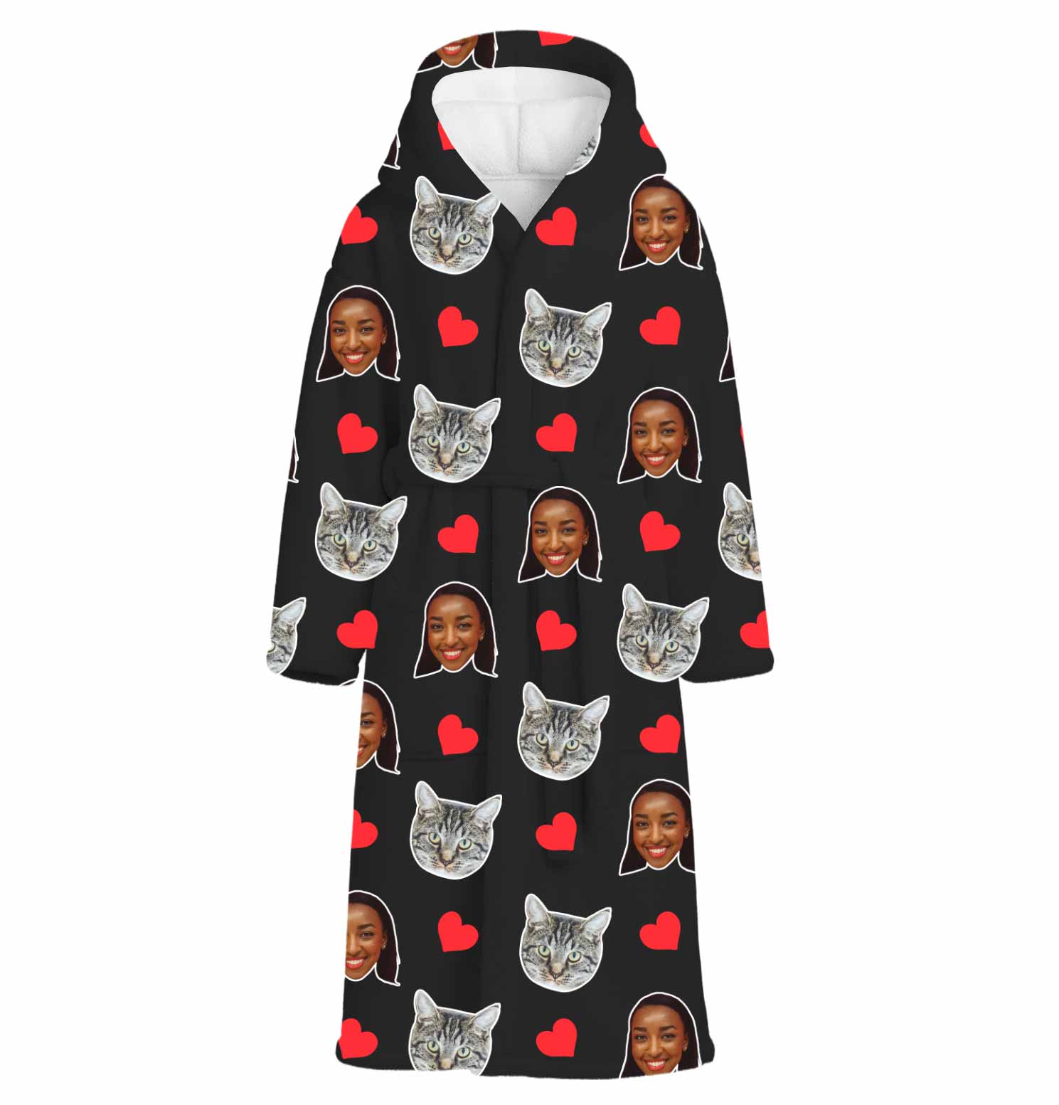 Red Hearts Cat Faces Personalised Dressing Gown