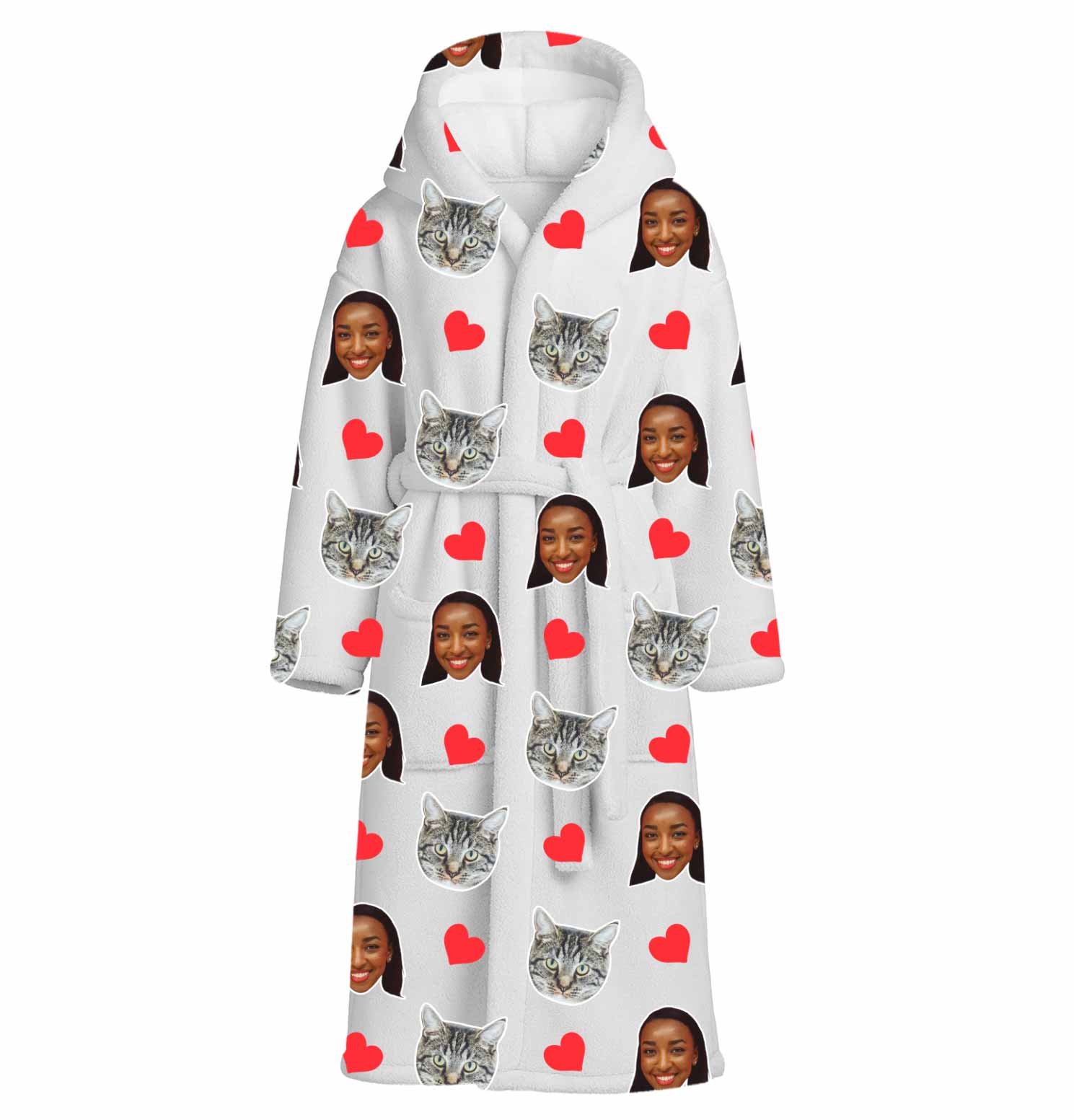 Red Hearts Cat Faces Personalised Dressing Gown