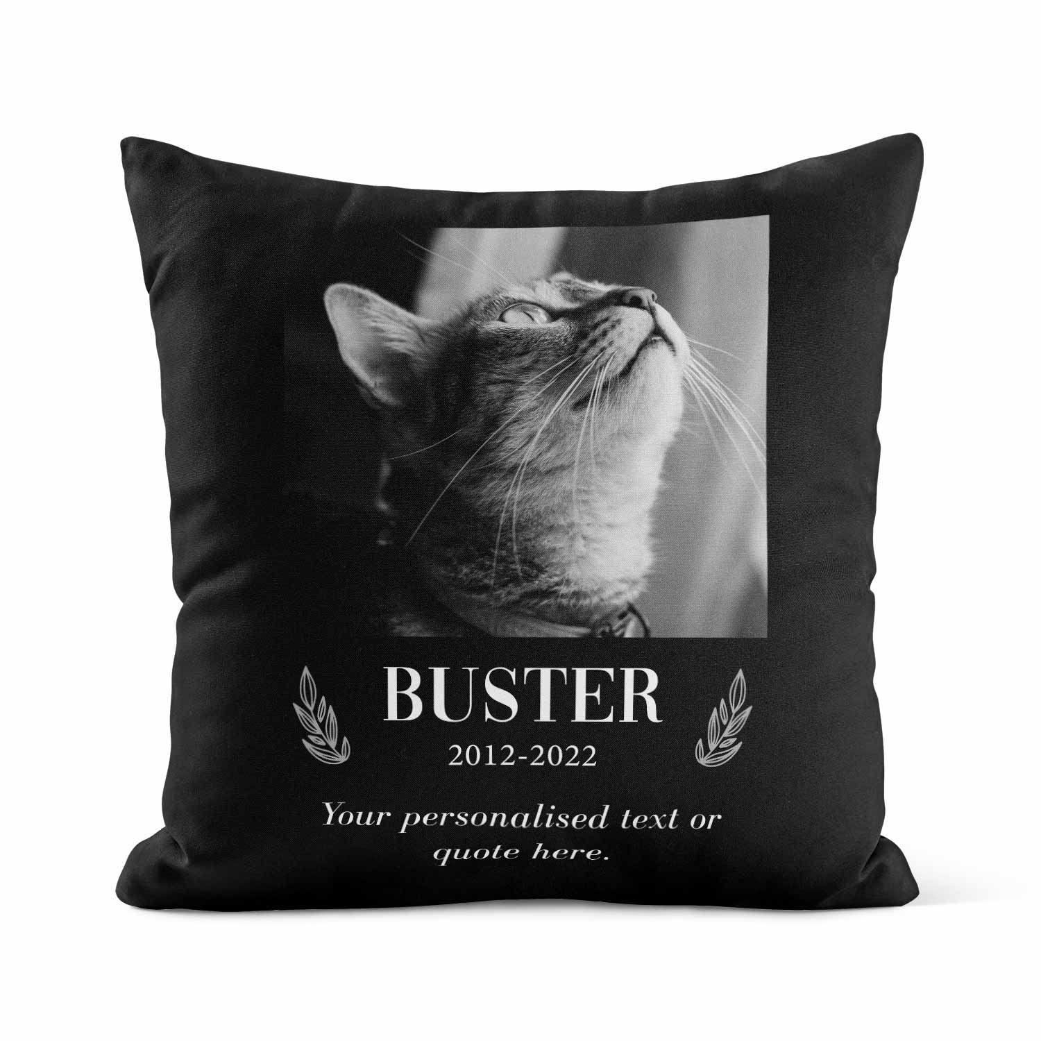 B & W Personalised Cat Memorial Cushion With (Name & Quote)