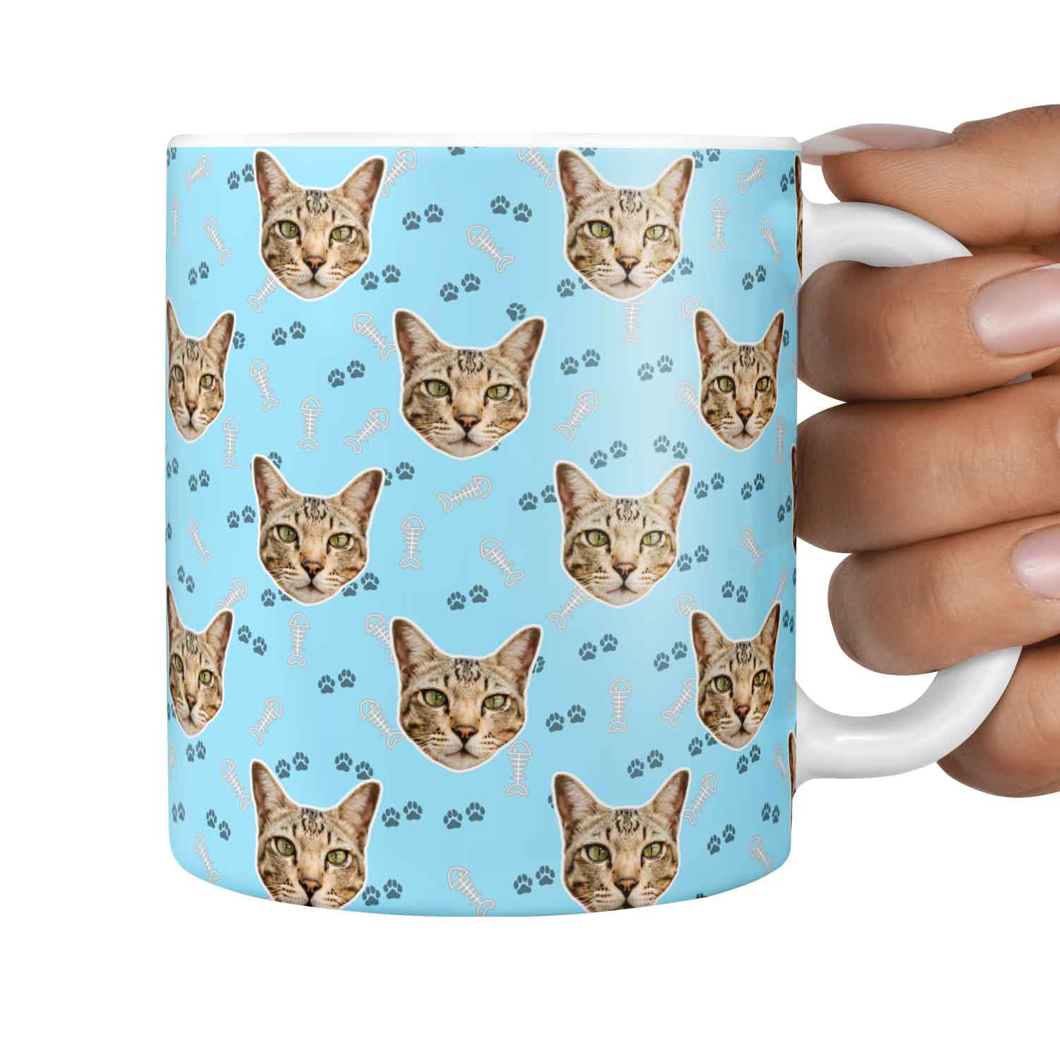 Fish Bone & Paw Print Pattern Personalised Cat Mug