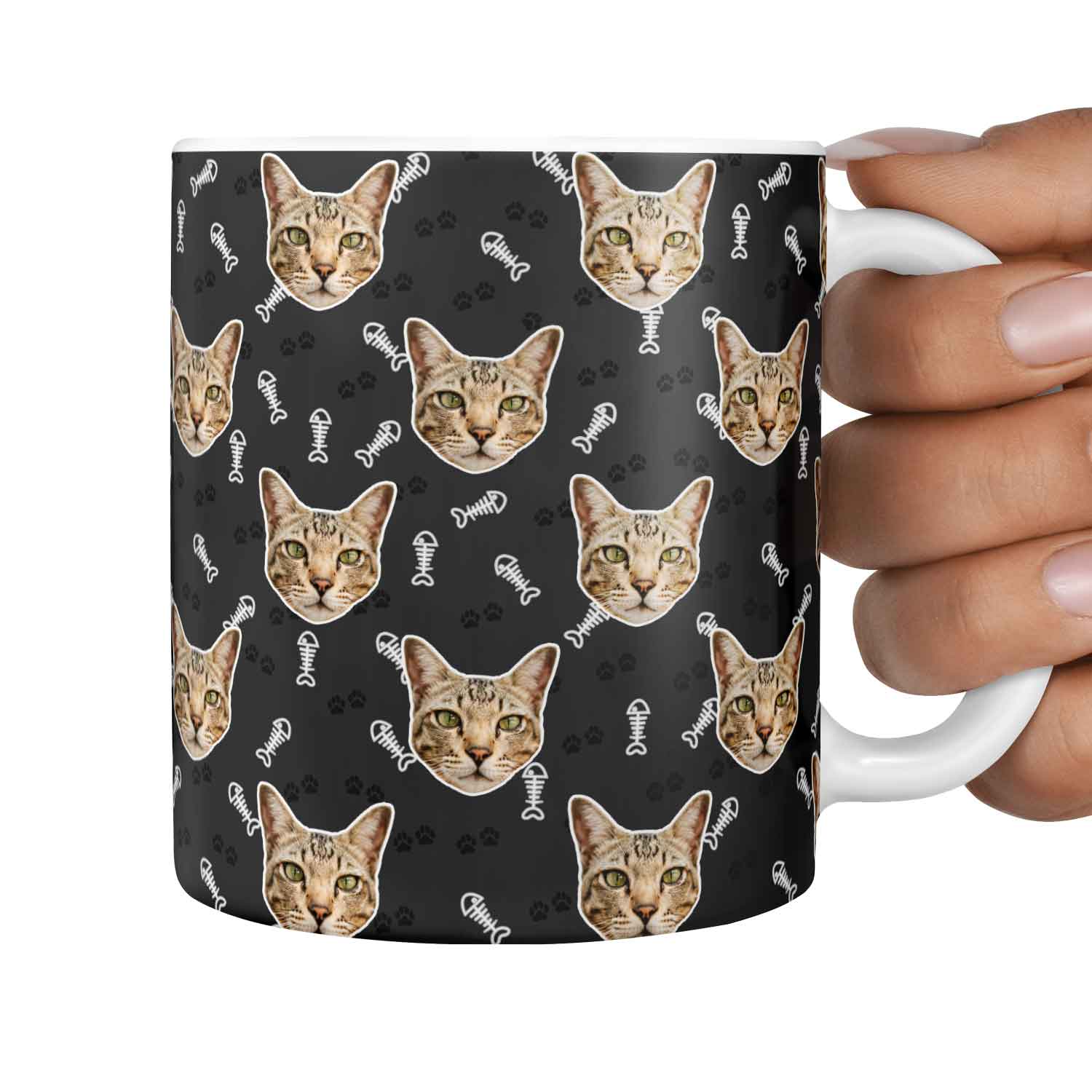 Fish Bone & Paw Print Pattern Personalised Cat Mug