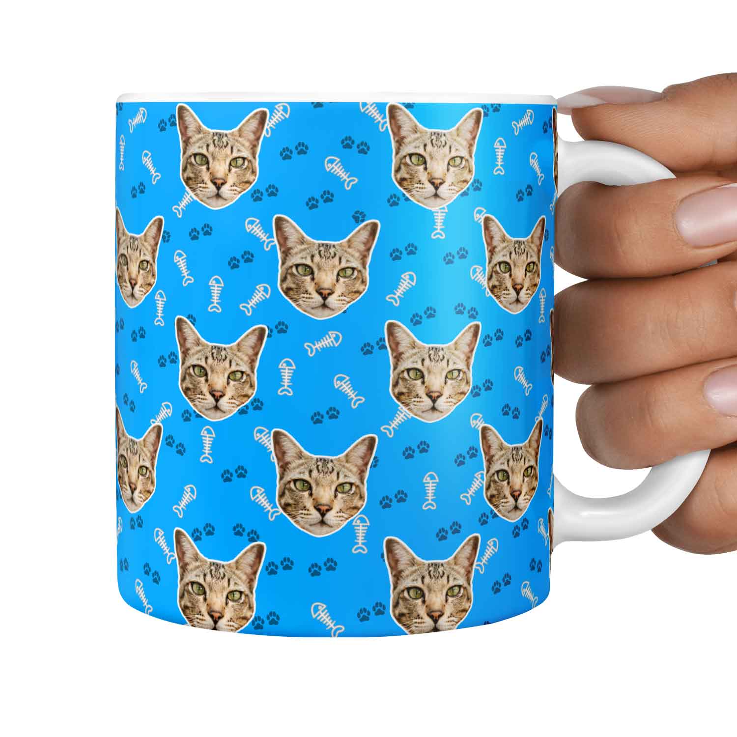 Fish Bone & Paw Print Pattern Personalised Cat Mug