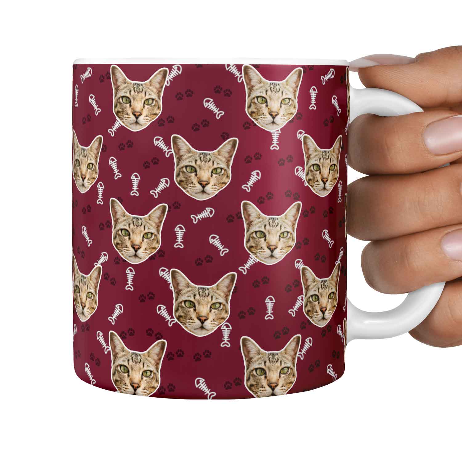 Fish Bone & Paw Print Pattern Personalised Cat Mug