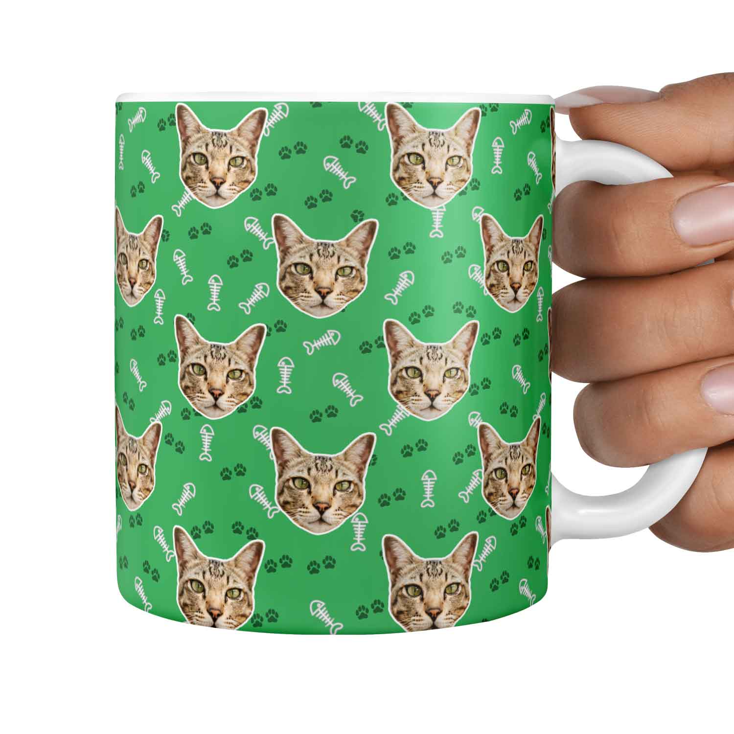 Fish Bone & Paw Print Pattern Personalised Cat Mug