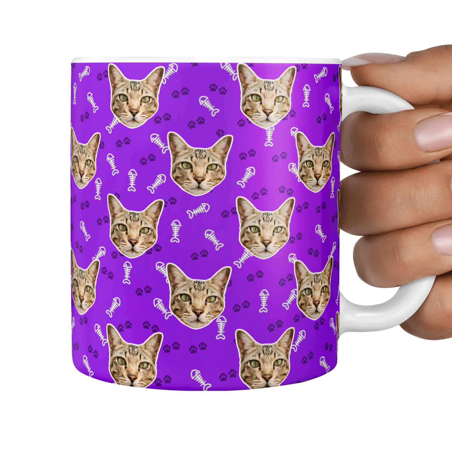 Fish Bone & Paw Print Pattern Personalised Cat Mug