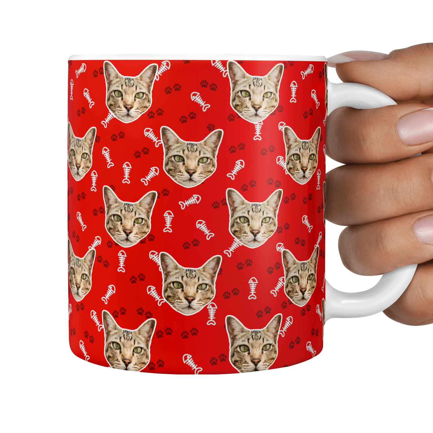 Fish Bone & Paw Print Pattern Personalised Cat Mug