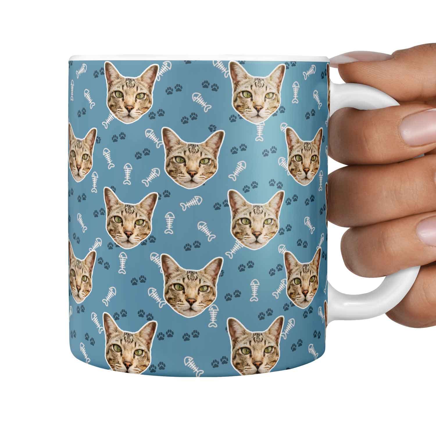 Fish Bone & Paw Print Pattern Personalised Cat Mug