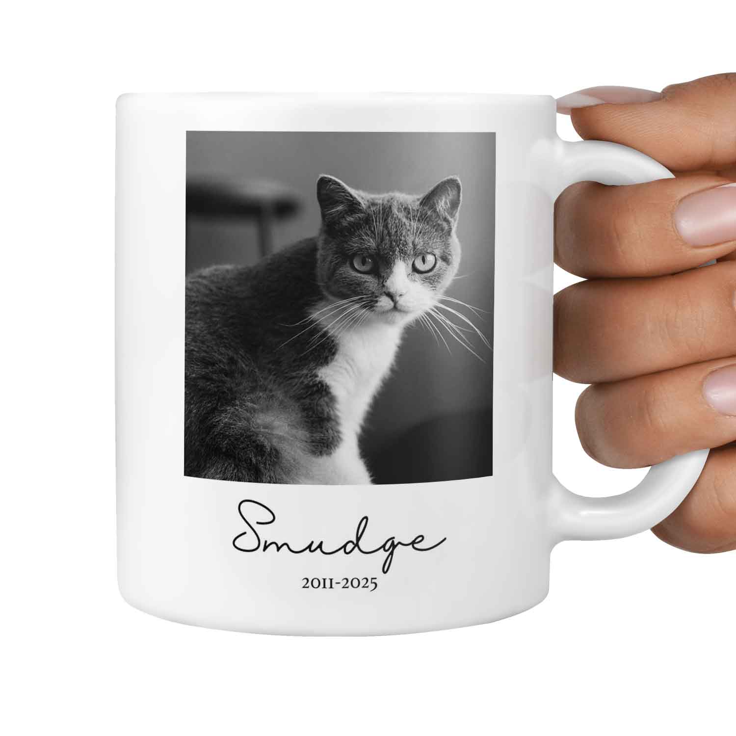 Black and White Cat Photo & Name Personalised Memorial Mug