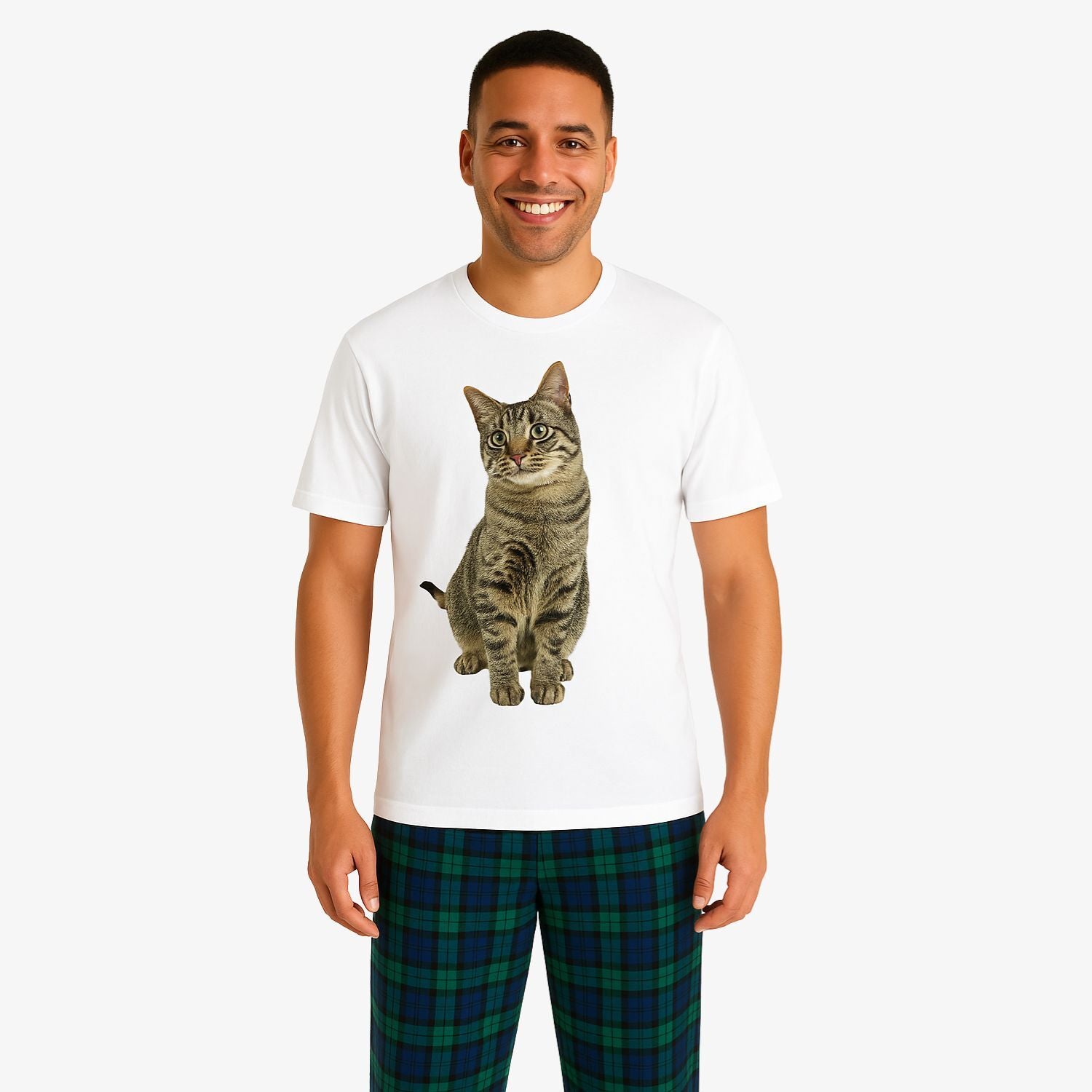 Men's Cat Face Pyjamas - Green Tartan Trouser Set