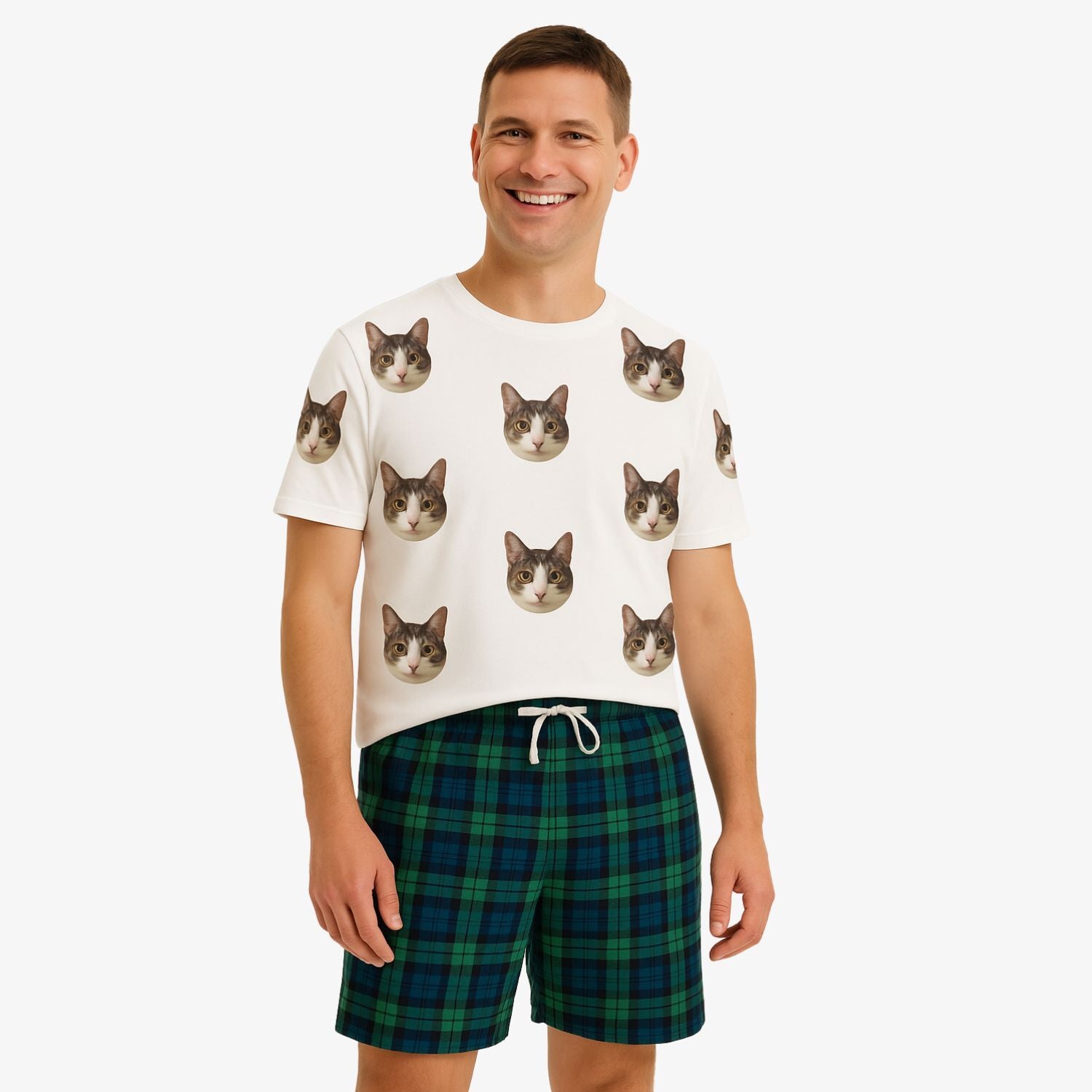 Men's Cat Pyjamas - Green Tartan Shorts Set