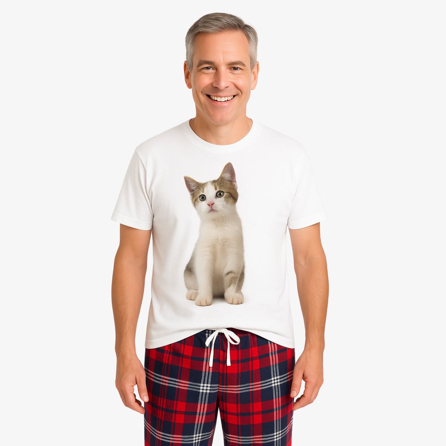 Men's Cat Face Pyjamas - Red Tartan Trouser Set