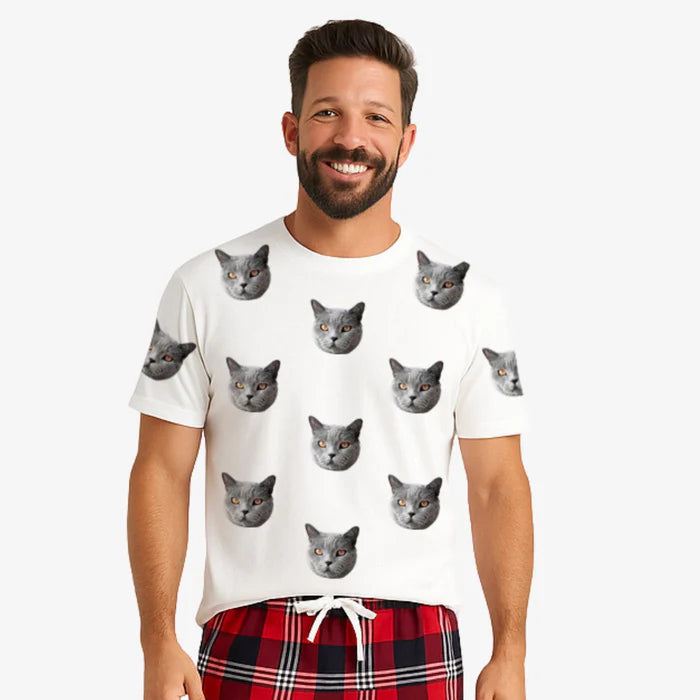 Men's Cat Pyjamas - Red Tartan Shorts Set