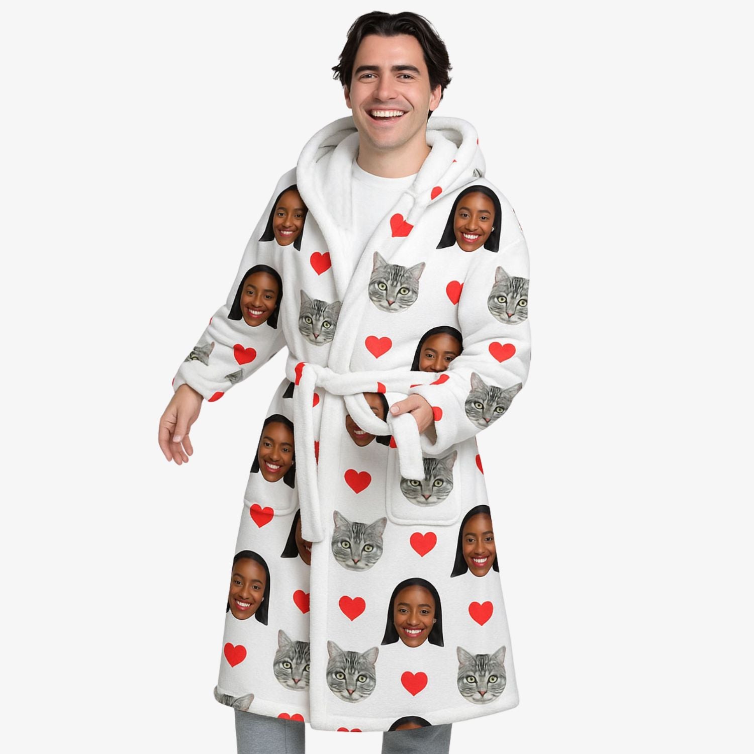 Red Hearts Cat Faces Personalised Dressing Gown