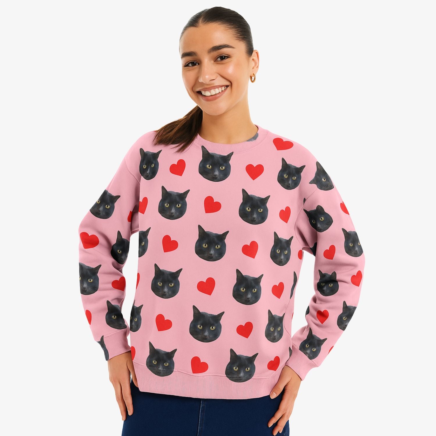 Red Hearts & Cat Faces Personalised Sweatshirt