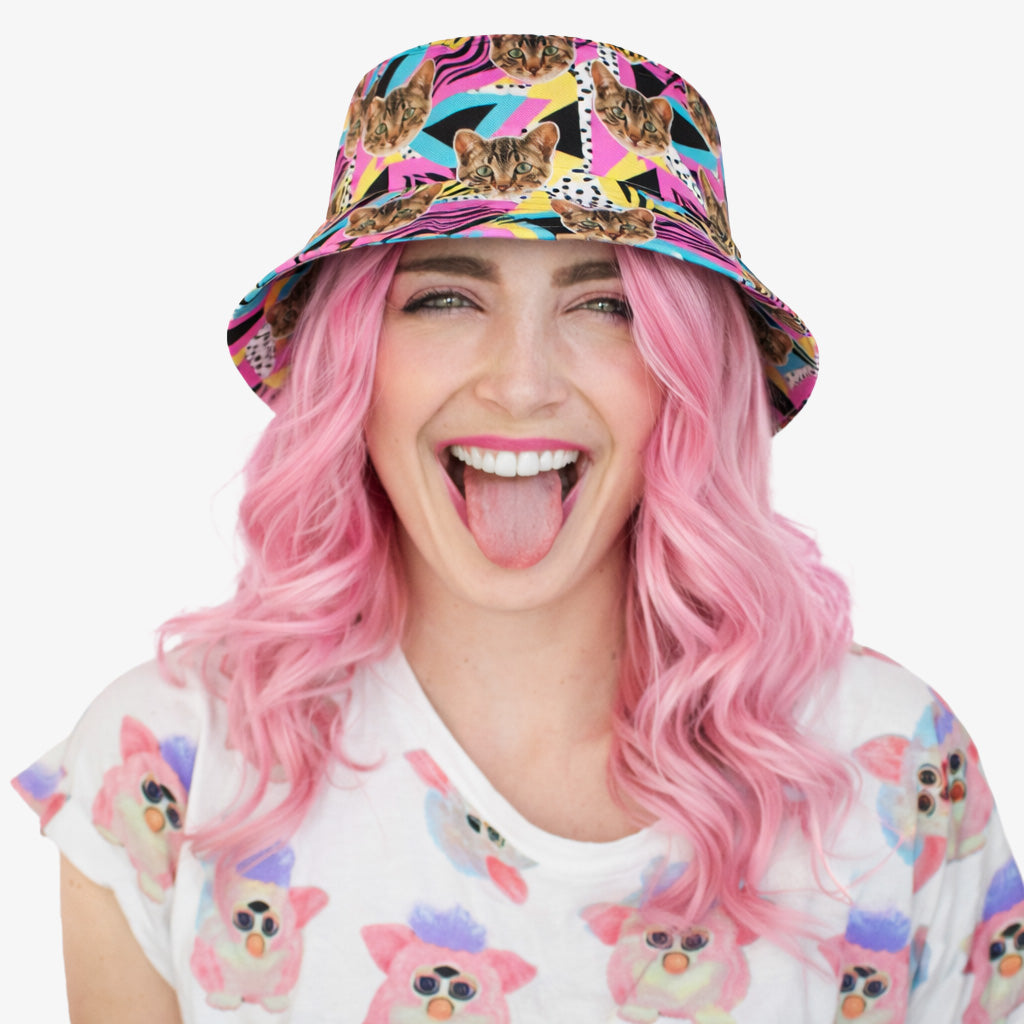 Retro Pink Cat Faces Custom Bucket Hat | Personalised Photo Hat