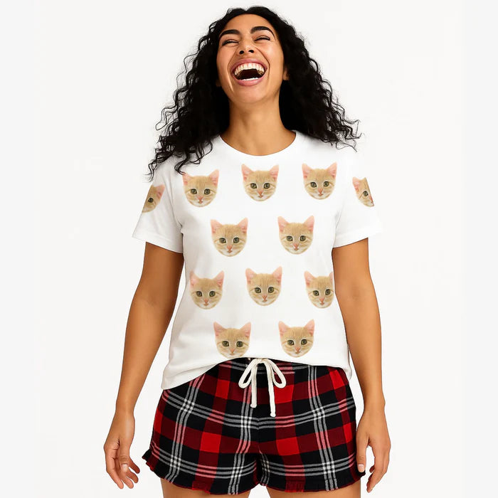 Women's Cat Pyjamas - Red Tartan Shorts Set
