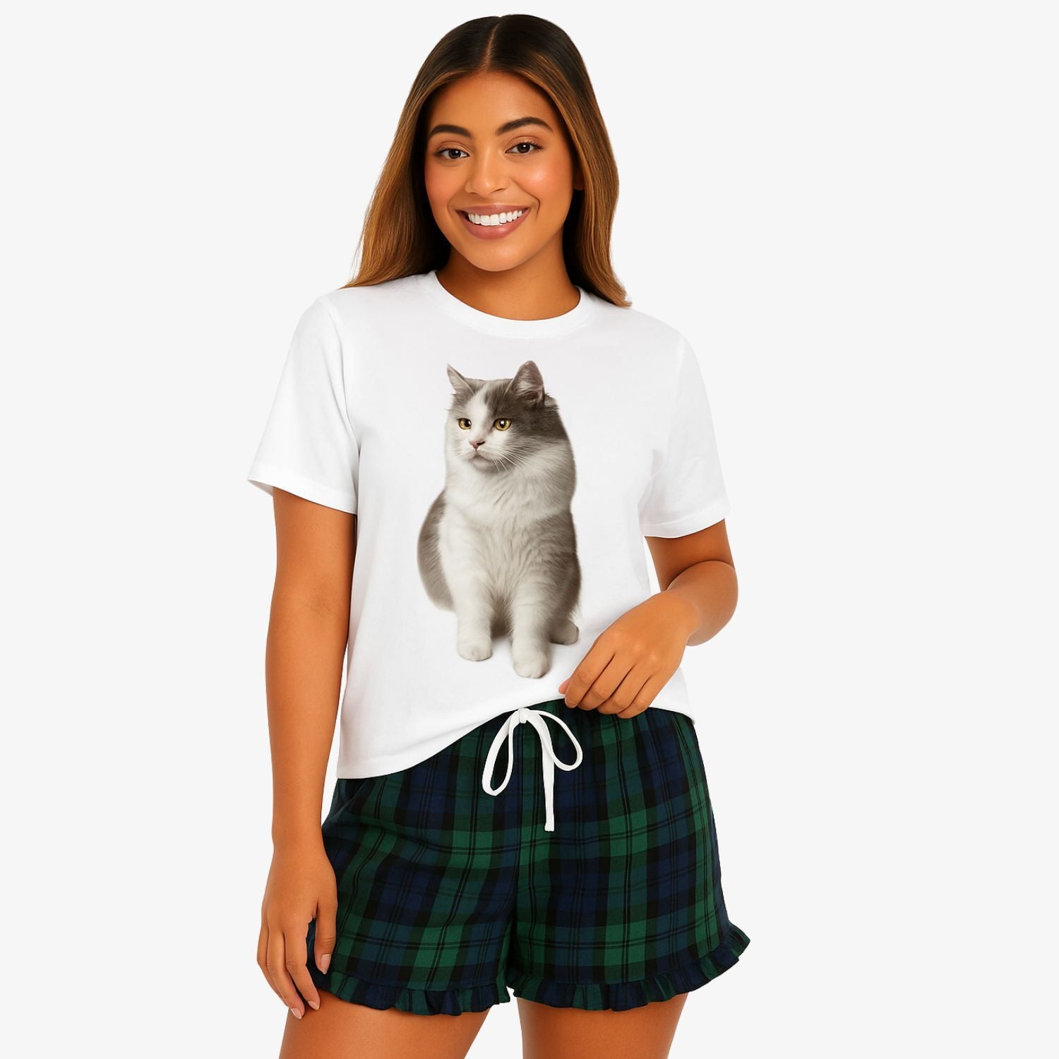 Women's Cat Face Pyjamas - Green Tartan Shorts Set
