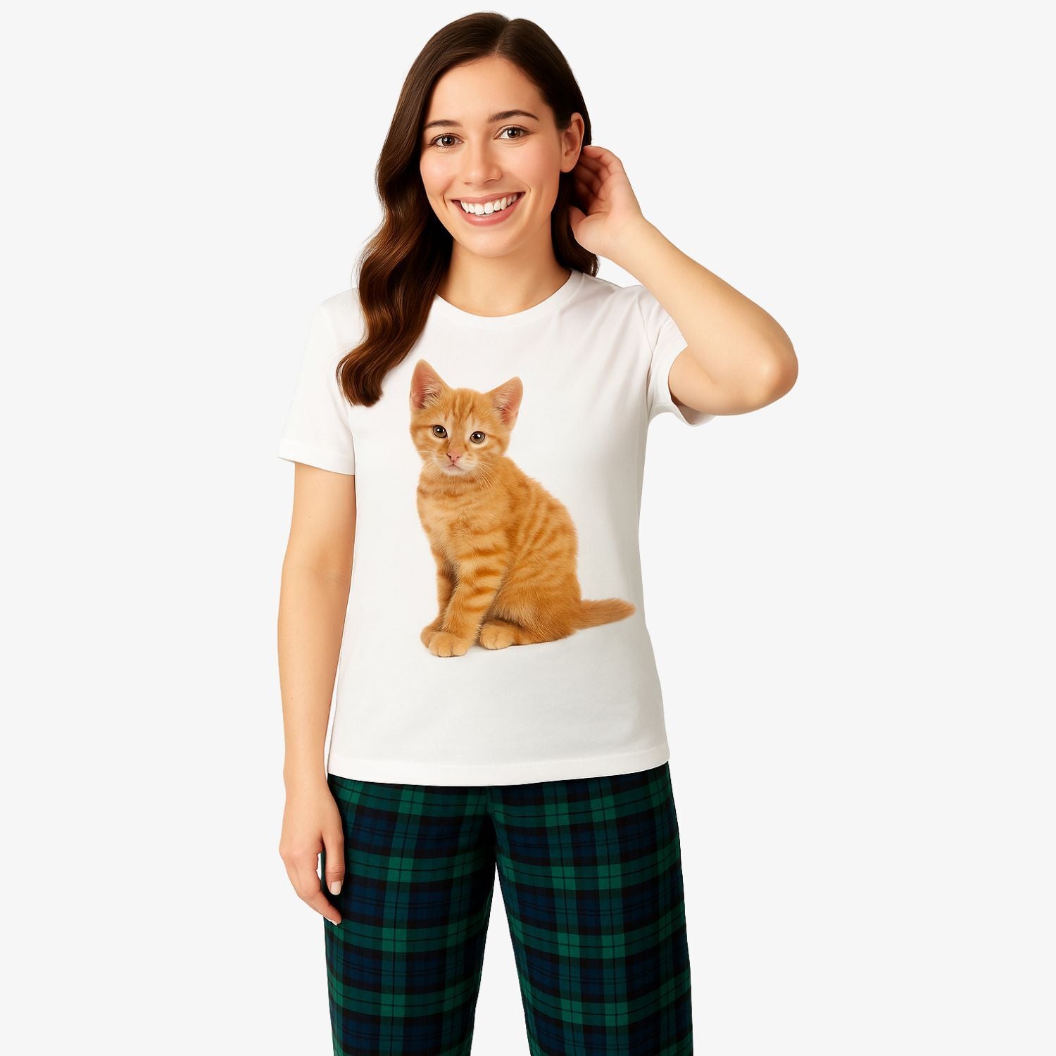 Women's Cat Face Pyjamas - Green Tartan Trouser Set