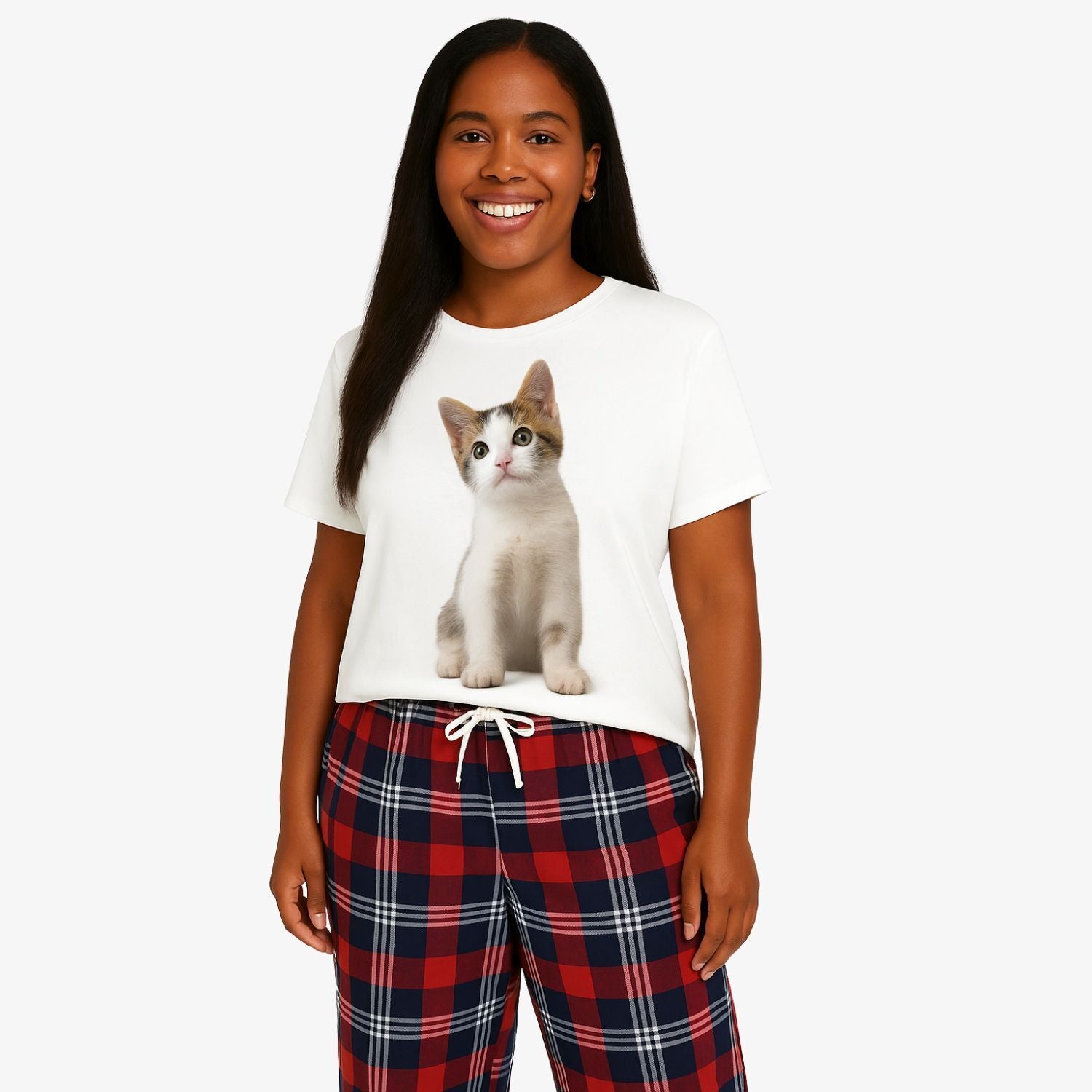 Women's Cat Face Pyjamas - Red Tartan Trouser Set