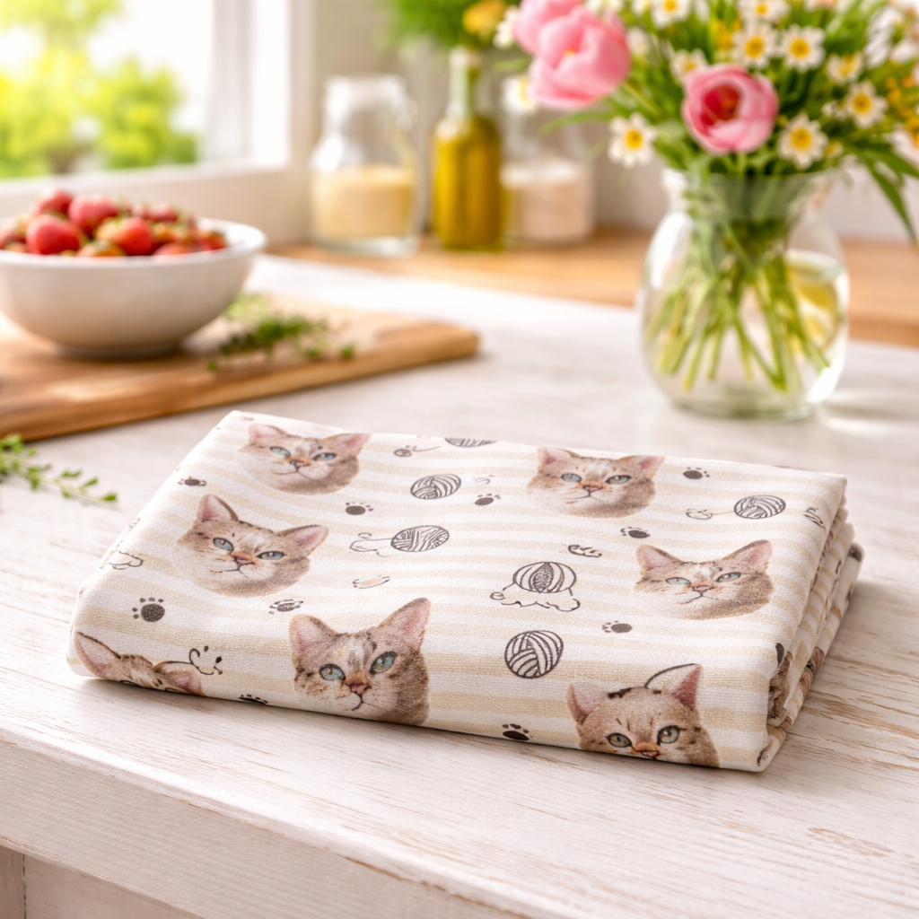 Yarn & Cat Paw Prints Personalised Tea Towel