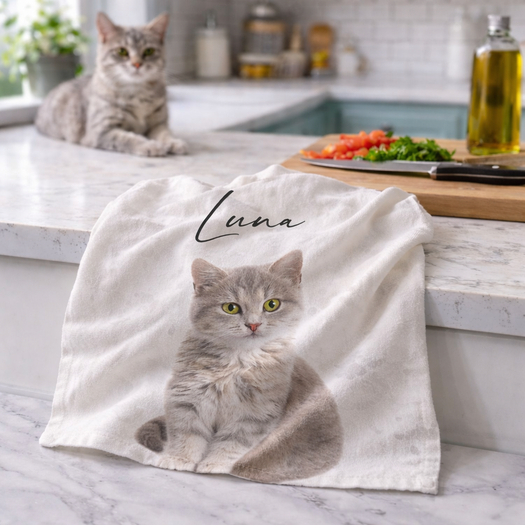 Your Cat & Scripted Name Personalised Tea Towel