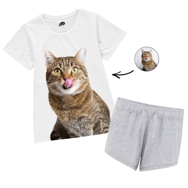Women's Cat Face Pyjamas - Red Tartan Shorts Set