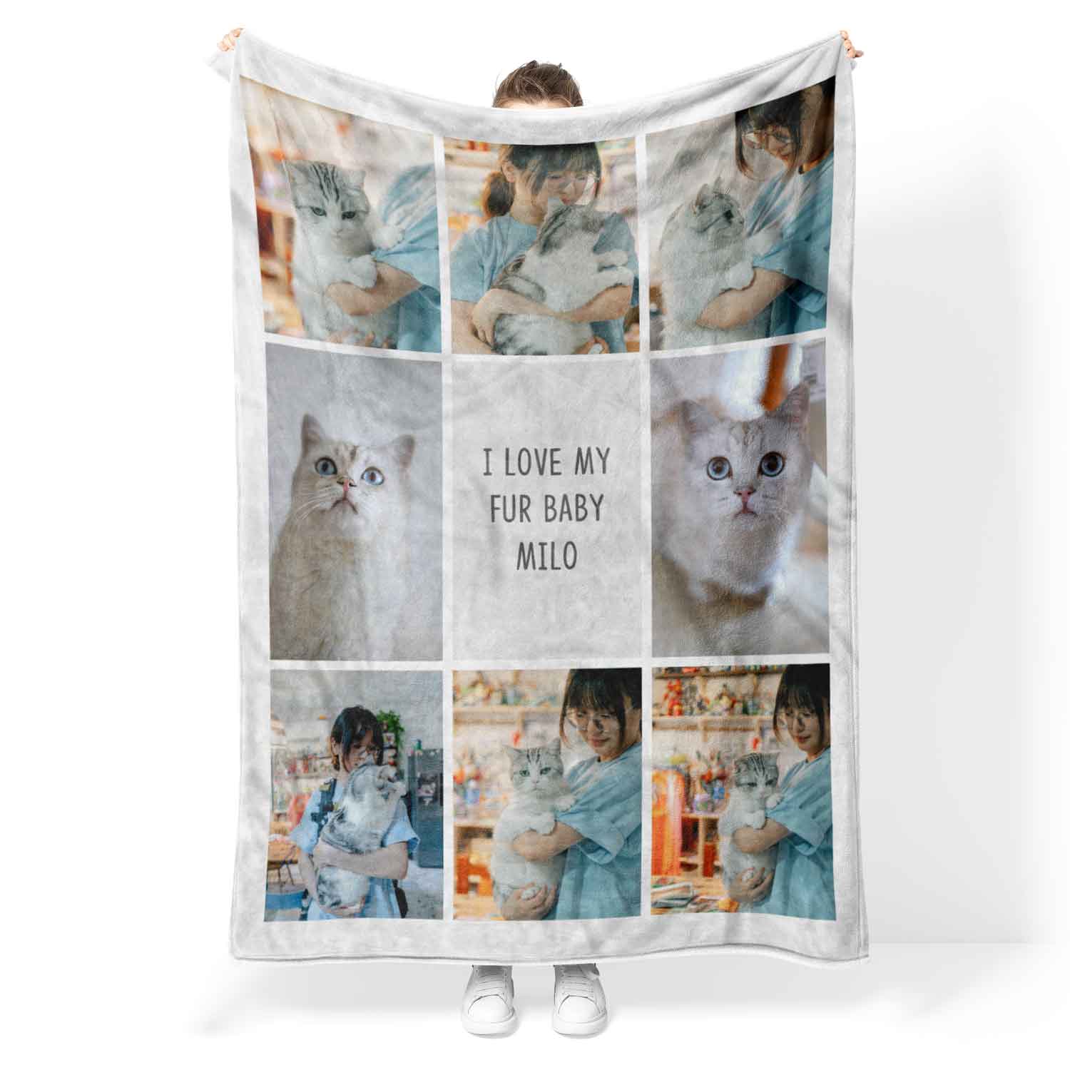 8 Photo Collage Personalised Cat Blanket With Custom Text