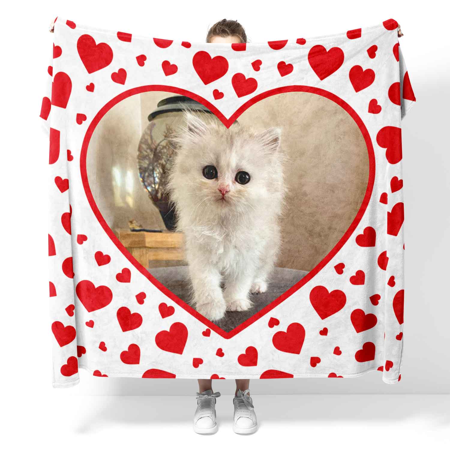 Red Hearts Photo Frame Personalised Cat Blanket