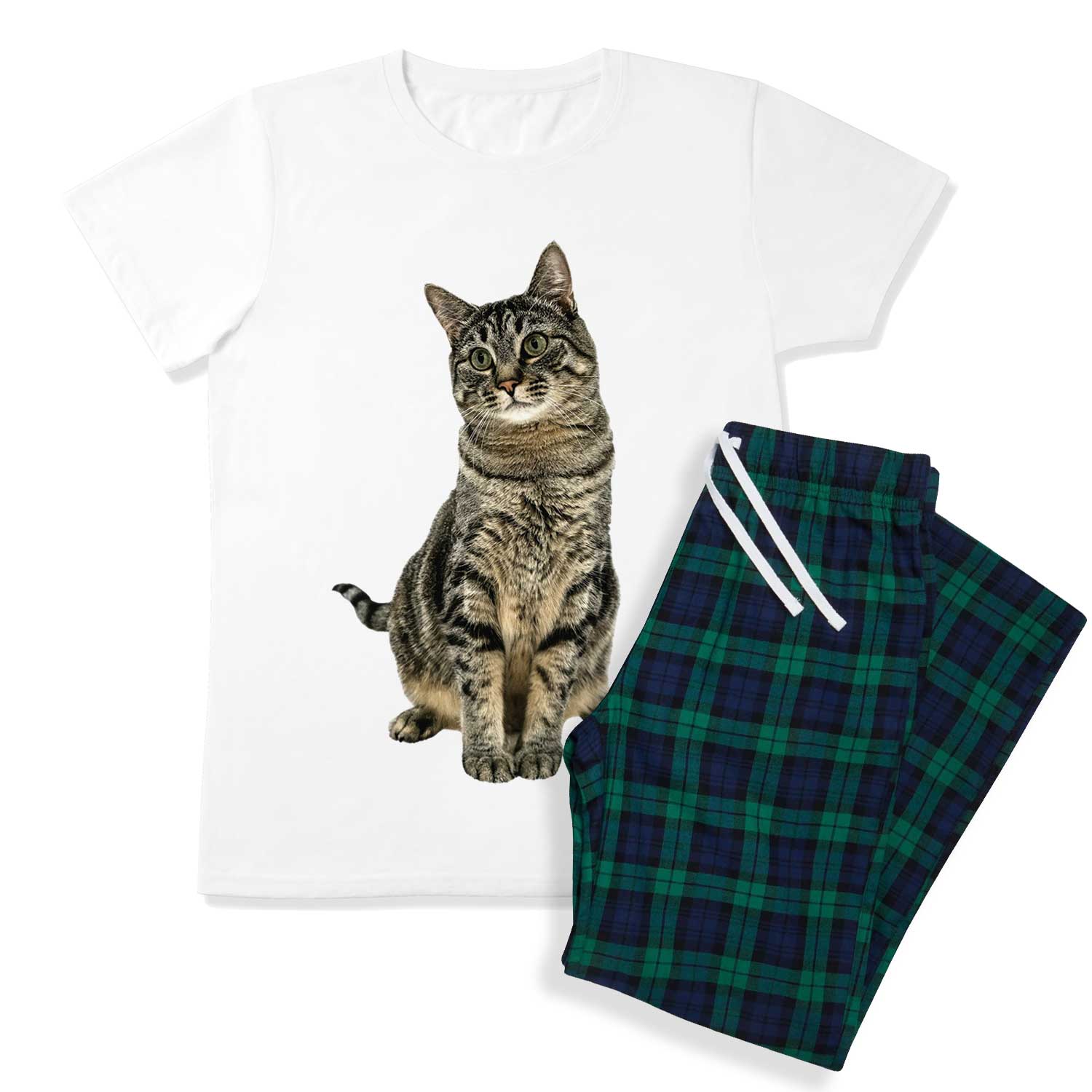 Men's Cat Face Pyjamas - Green Tartan Trouser Set