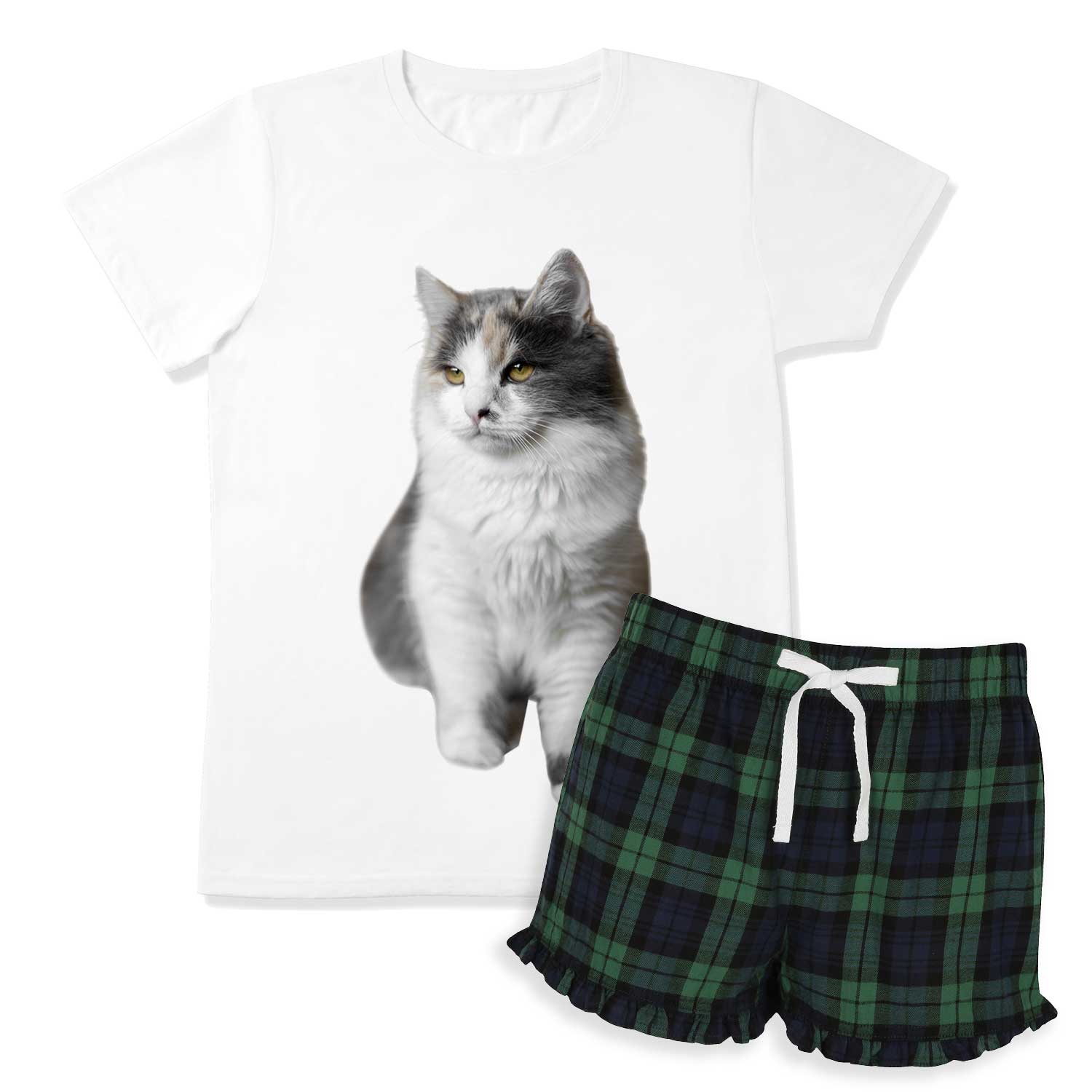Women's Cat Face Pyjamas - Green Tartan Shorts Set