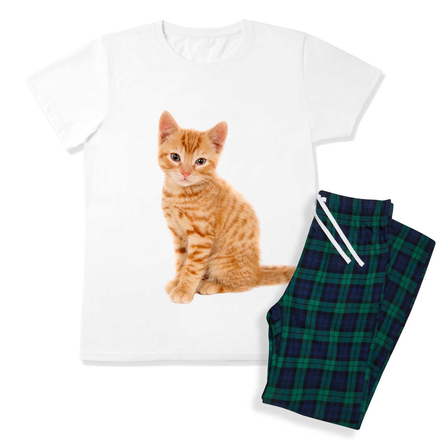 Women's Cat Face Pyjamas - Green Tartan Trouser Set