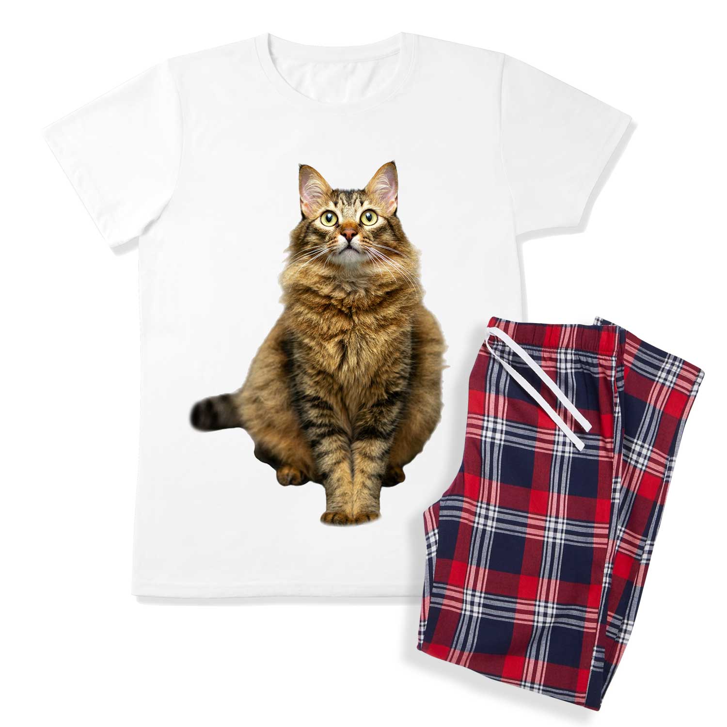 Women's Cat Face Pyjamas - Red Tartan Trouser Set