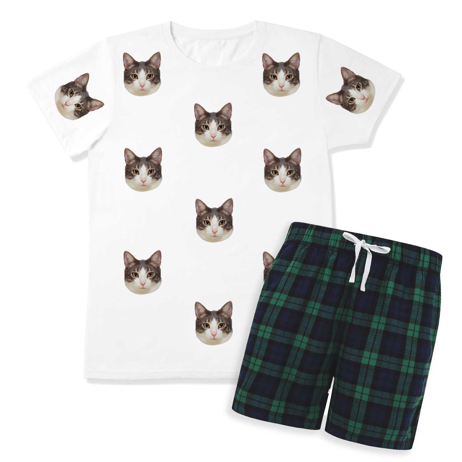 Men's Cat Pyjamas - Green Tartan Shorts Set