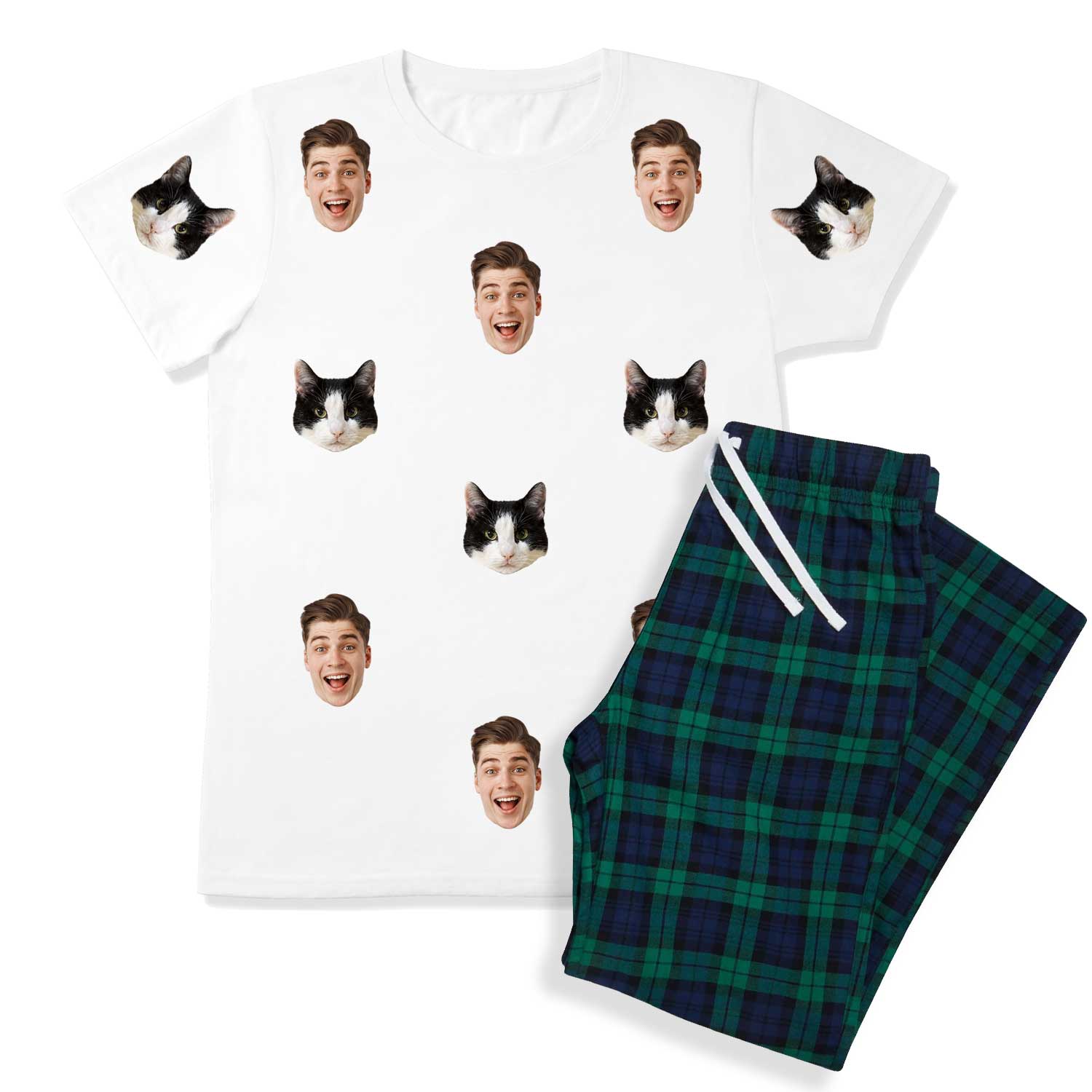 Men's Cat Pyjamas - Green Tartan Trouser Set